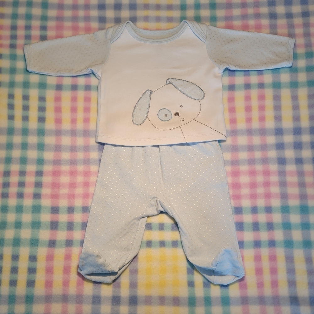 LITTLE TOTS 🐾 2pc Blue 'n White Embroidered Doggie Silver Polka Dot Outfit 0-3M